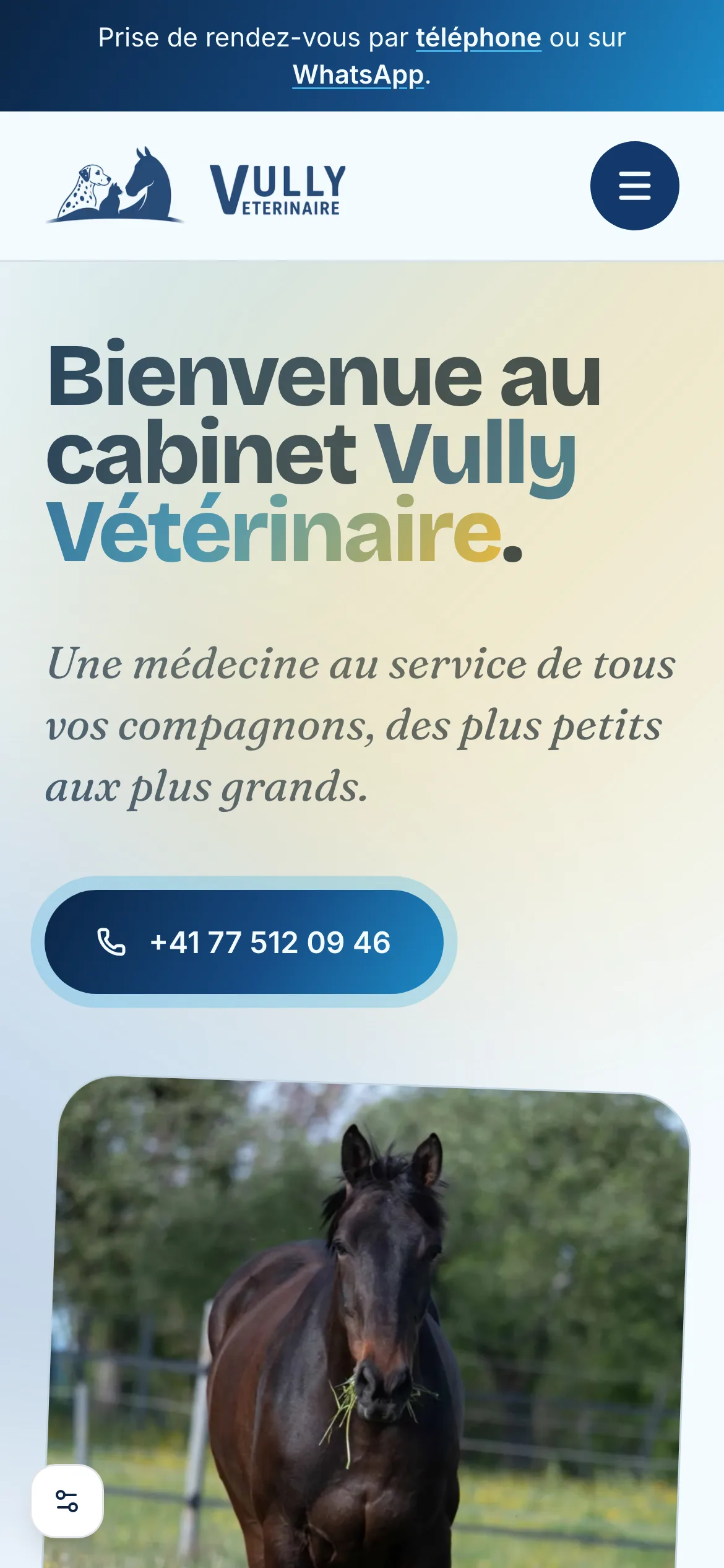 Page d’accueil du site Vully Vétérinaire sur téléphone